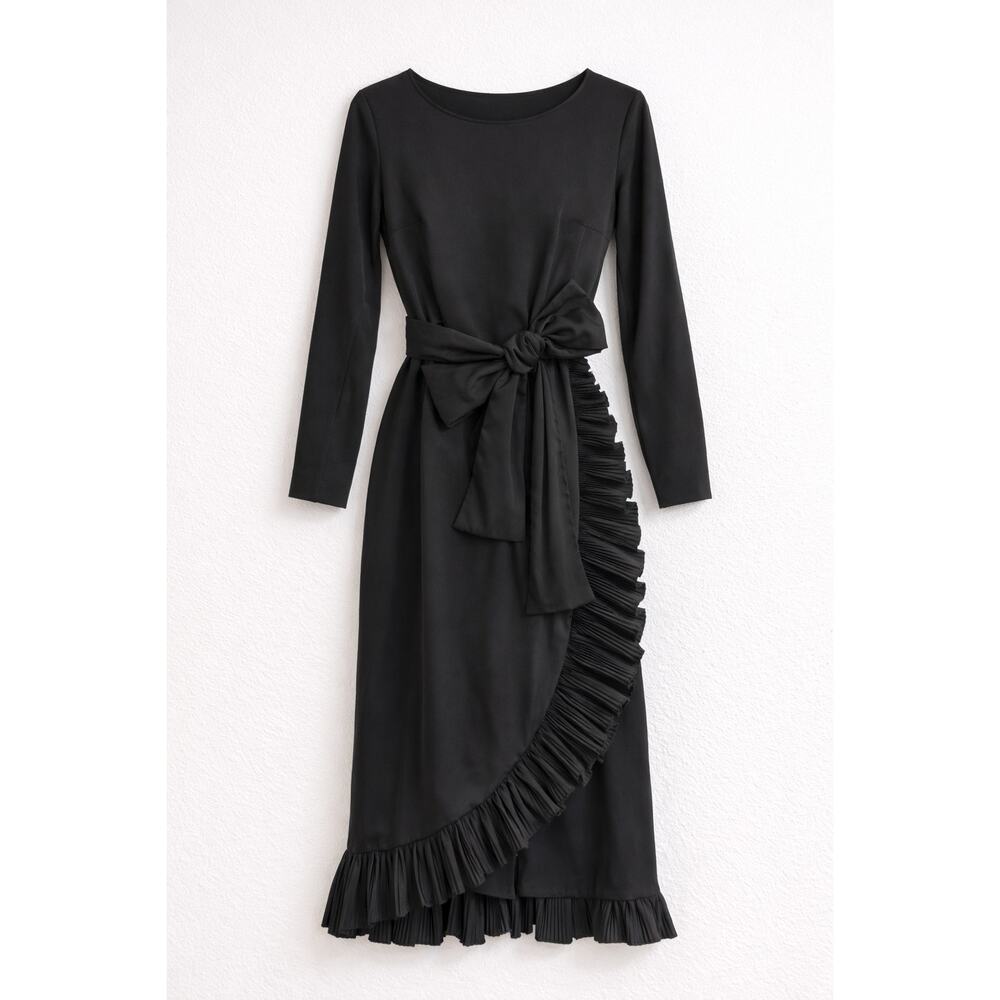 Vtg mcm Victor Costa Wrap Midi Dress Womens M Black Ruffle Long Sleeve Evening